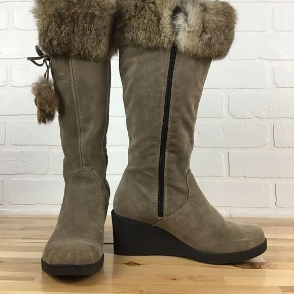 SAUTE mouton LOULOU long boots tan beige suede boots wedge platform rabbit fur - Picture 6 of 16